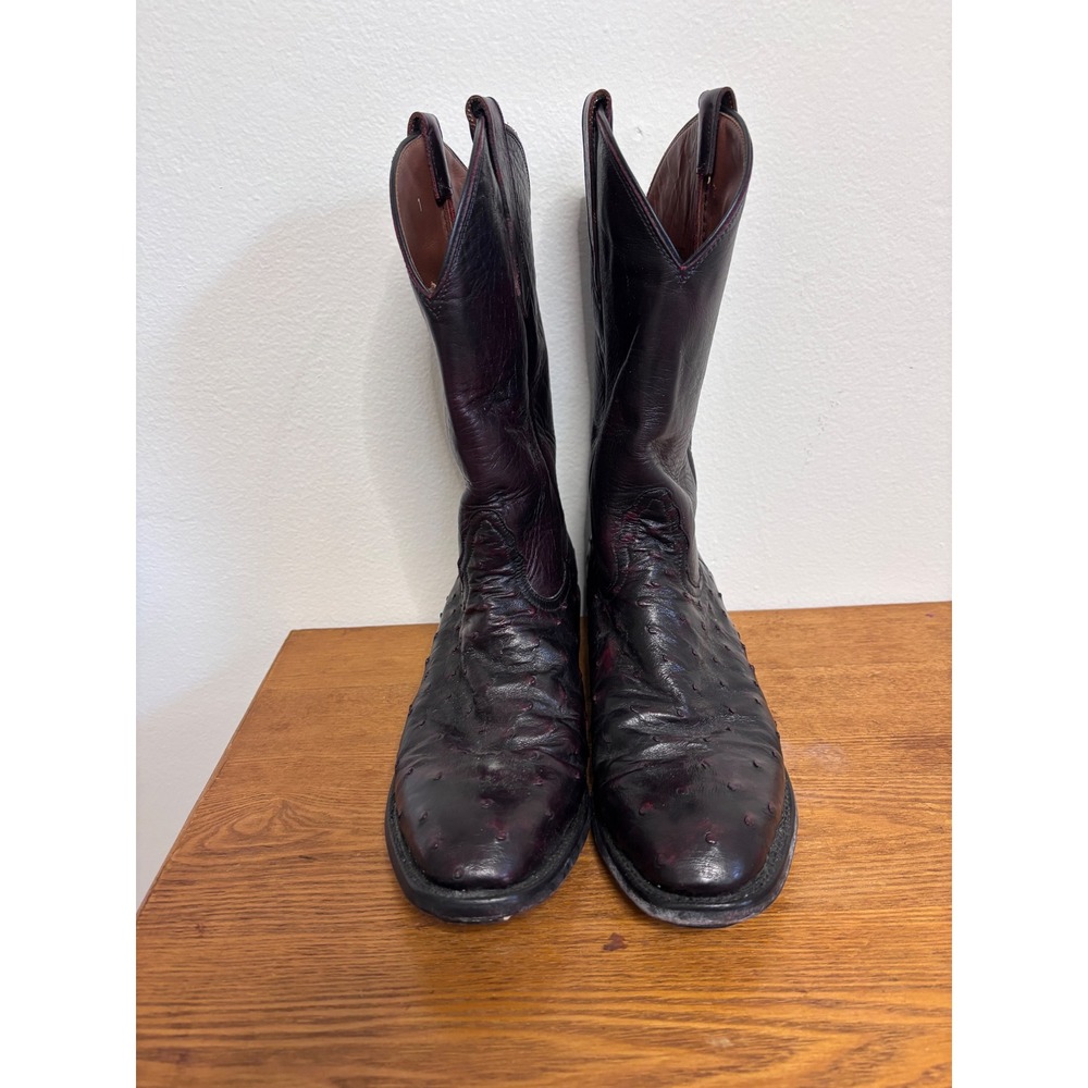 Nocona Mens 9 B Full Quill Ostrich Cowboy Boots Black Cherry Burgundy USA 7051